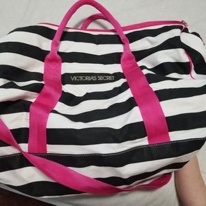 Victoria's Secret Black and White Striped Travel Tote with Hot Pink Handles
